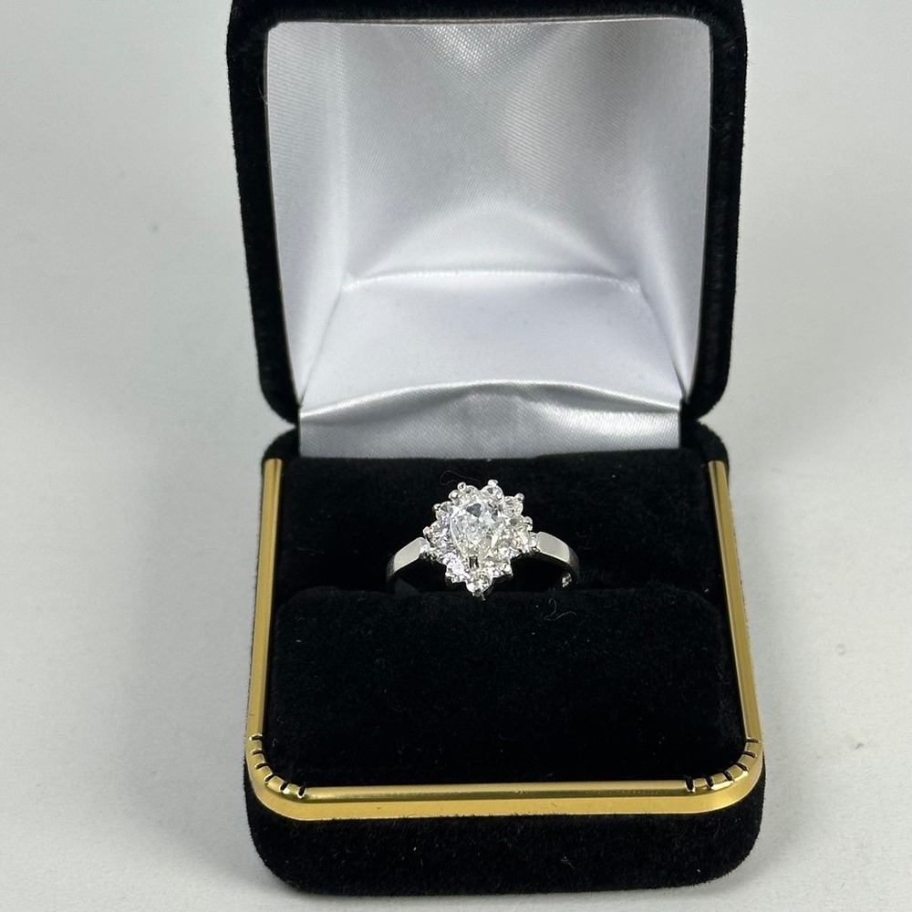 Sterling Silver Pear Cut Cubic Zirconia Halo‎ Engagement Ring Size 6.75